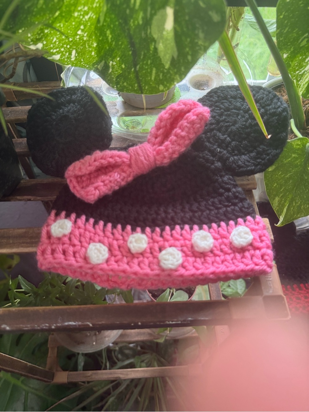 Kids Black and Pink Bow Crochet Minnie-Style Hat